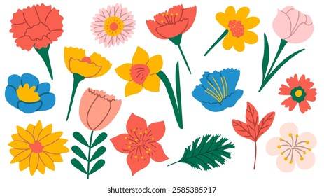 Set of colorful summer bright flowers. Hand drawn floral collection. Vector design, icons. 