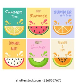 Set of colorful summer cards. Posters with lemon,watermelon,orange,dragon fruit,kiwi and papaya.Tropical fruit.summer vibe.Vector illustration