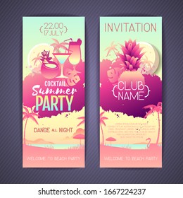 Set Colorful summer cocktail party posters with fluorescent tropic leaves, pineapple and flamingo. Invitation design. Summertime beach background