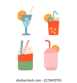 Set of colorful summer cocktails with fruits. Drinks in different glasses with straws. Vector cute illustration in flat style on isolated background