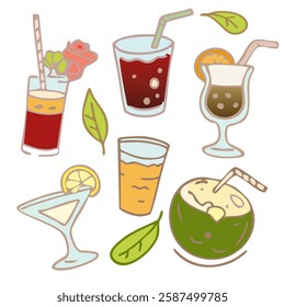 Set of colorful summer coctails. A tropical drink with a straw and a small garnish.
A cola.
A frosty cocktail with a slice of fruit.
A glass of lemonade.
A coconut drink with a straw.  