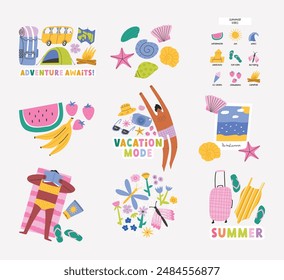 Set of colorful summer compositions, cartoon flat vector illustration isolated on white background. Collection of summer prints and stickers with funny characters and text.
