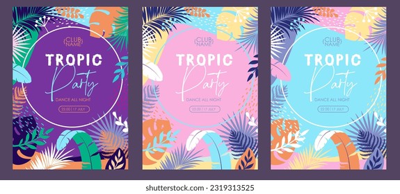 Set of Colorful summer disco party posters with tropic leaves. Summertime background. Vector illustration