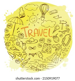 Set of colorful summer doodles on yellow background. Travel and vacation emblems and symbols. Vector illustration. Perfect for greeting card, postcard, print for textile, t shirt.