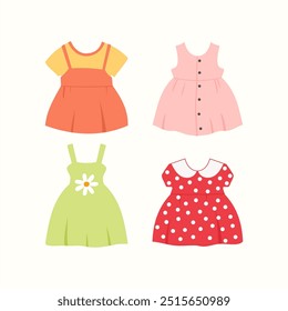 Set colorful summer dresses for baby kids girl cute illustration