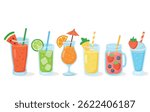 Set of Colorful Summer Drinks with Fruit and Ice – Vector Illustration