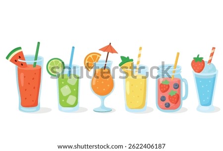 Set of Colorful Summer Drinks with Fruit and Ice – Vector Illustration