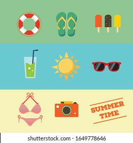 Set of colorful summer elements with flat style vector: sunglasses, sun, bikini, camera, ice cream, Beach slippers, cocktail, summer time, sea
