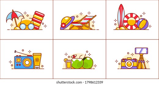 Set of colorful summer elements illustration. Sunglasses, coconut, radio, camera, swimming, hat, sand. 