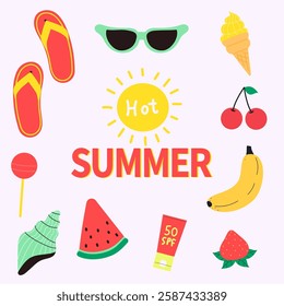 Set with colorful summer elements. Modern isolated vector illustration.