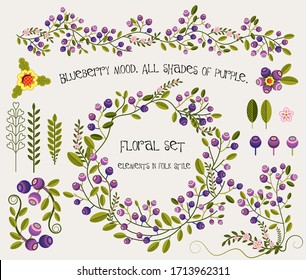 
Set of colorful summer floral elements in folk style. Graphic collection with blueberries, leaves and flowers. Vector flat graphics.

