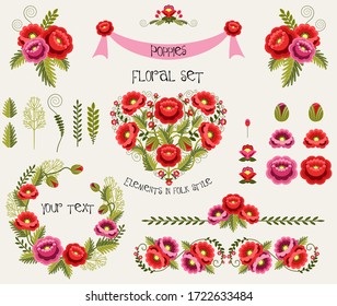 Set of colorful summer floral elements in folk style. Graphic collection with poppies, leaves, flowers and ribbon. Heart made of lush poppies. Vector flat graphics.