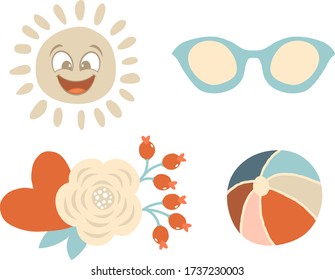 Set of colorful summer set with flowers, smiling sun, sunglasses and beach ball