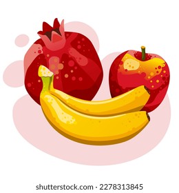 Set of colorful summer fruits on pink background. Vector illustration with bananas, apple and pomegranate. Healthy food concept art. Vector illustration for poster, banner, website, placecard, flyer. 