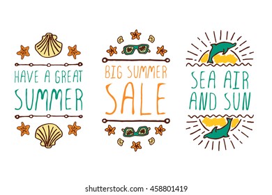 Set of colorful summer hand-sketched elements with dolphins, sunglasses, shells on white background