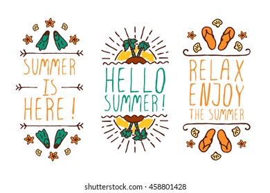 Set of colorful summer hand-sketched elements with sun, trees, shells on white background