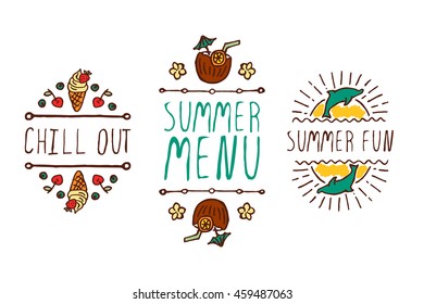 Set of colorful summer hand-sketched elements with dolphins, coconut cocktail, ice-cream, shells on white background