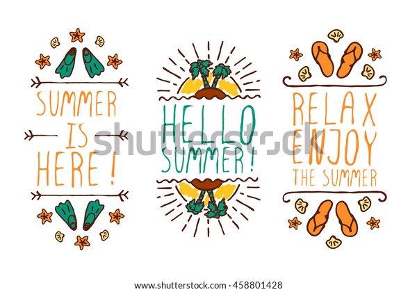 Set of colorful summer hand-sketched\
elements with sun, trees, shells on white\
background