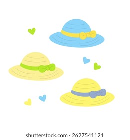 Set of colorful summer hats in cartoon style. Hand-drawn beach headwear isolated on white background.