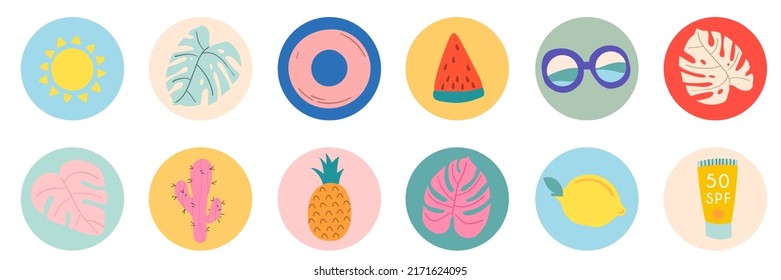 Set of colorful summer icons with tropical leaves, fruits, sunglasses, sun cream. Vector hand drawn. Modern summer set.
