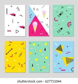 Set of Colorful summer pattern with ice cream and geometric elements in memphis style background, vector