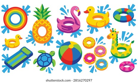 Set of colorful summer pool floats including pineapple donut giraffe and flamingo shapes for swimming fun and water recreation during sunny vacation holidays.