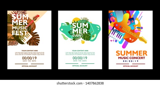 Set of colorful summer poster design template. For music event, festival and concert on white background