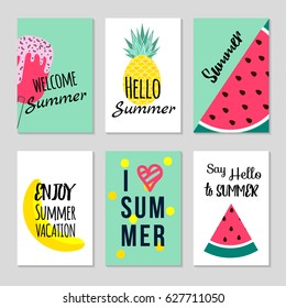 Set of Colorful summer poster with fruits, ice cream and geometric elements in memphis style background, vector