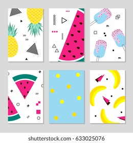 Set of Colorful summer poster with fruits, ice cream and geometric elements in memphis style background, vector