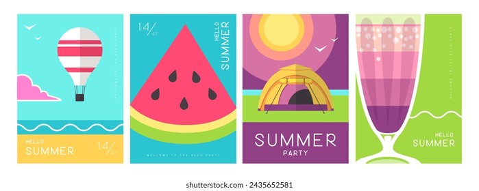 Conjunto de coloridos carteles de verano con atributos de verano. Silueta de cóctel, amanecer de tequila, globo aerostático, sandía y campamento. Ilustración de vector