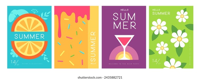 Set of colorful summer posters with summer attributes. Cocktail cosmopolitan silhouette, chamomile, ice cream, tropic leaves and orange. Vector illustration