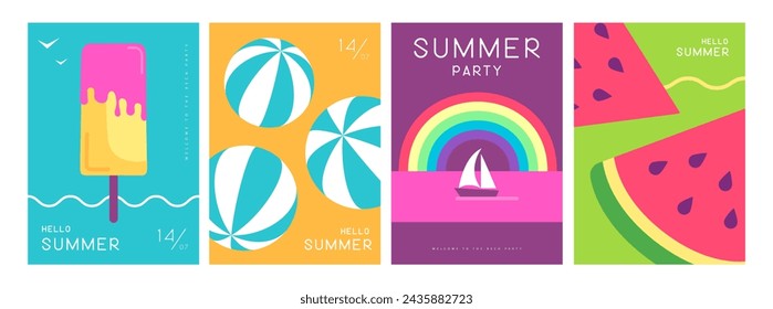 Set of colorful summer posters with summer attributes. Ice cream, beach ball, watermelon, rainbow and ship. Vector illustration