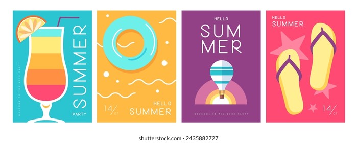 Conjunto de coloridos carteles de verano con atributos de verano. Silueta de cóctel, amanecer de tequila, globo aerostático, anillo de natación y chanclas. Ilustración de vector