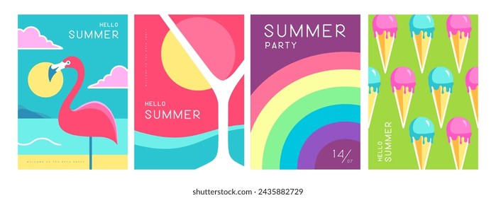 Set of colorful summer posters with summer attributes. Cocktail cosmopolitan silhouette, flamingo, ice cream and rainbow. Vector illustration