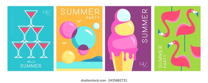 Conjunto de coloridos carteles de verano con atributos de verano. Silueta cosmopolita de cóctel, flamenco, helados y pompas de jabón. Ilustración de vector