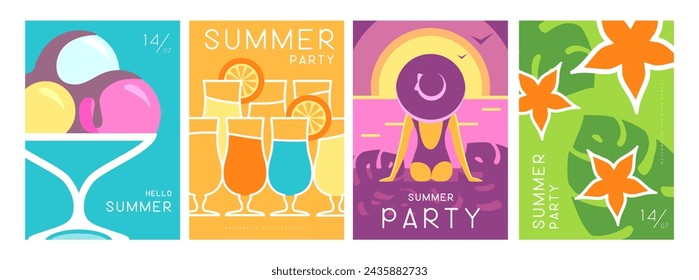 Set of colorful summer posters with summer attributes. Cocktail silhouette, tequila sunrise, ice cream, tropic leaves and girl on the beach. Vector illustration