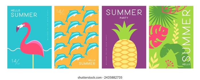 Conjunto de coloridos carteles de verano con atributos de verano. Silueta flamenca, delfines, piña, fondo de hojas tropicales. Ilustración de vector