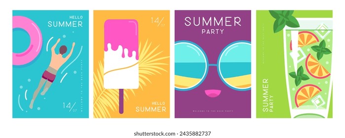 Set von bunten Sommerplakaten mit Sommerattributen. Mojito Cocktail, Sonnenbrille, Eis, Schwimmring und Schwimmer. Vektorgrafik