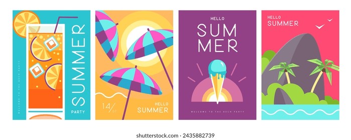 Set of colorful summer posters with summer attributes. Cocktail silhouette, tequila sunrise, beach umbrella, ice cream and tropic island. Vector illustration