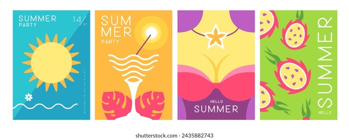 Set of colorful summer posters with summer attributes. Cocktail silhouette, flamingo, girl in swimsuit and dolphin silhouette. Vector illustration