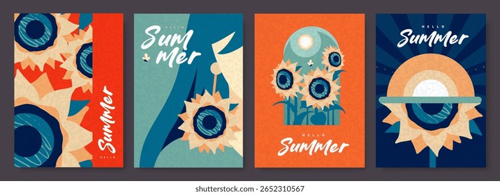 Set of colorful summer posters, banners or covers with sunflower. Season summer background. Vector illustration