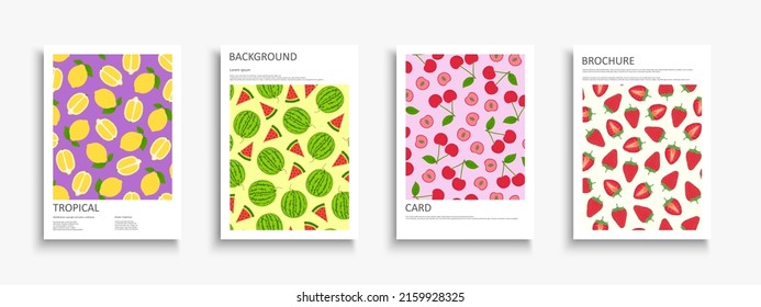 Set of colorful summer posters, templates, backgrounds placards, brochures, banners, flyers, magazines, cards. Bright fruits covers. Vibrant tropical prints