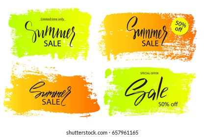 Set of colorful summer sale banners. Frames, boxes, brush strokes, signs, badges, stickers, backgrounds for advertising, text, business, promotion. Vector illustration