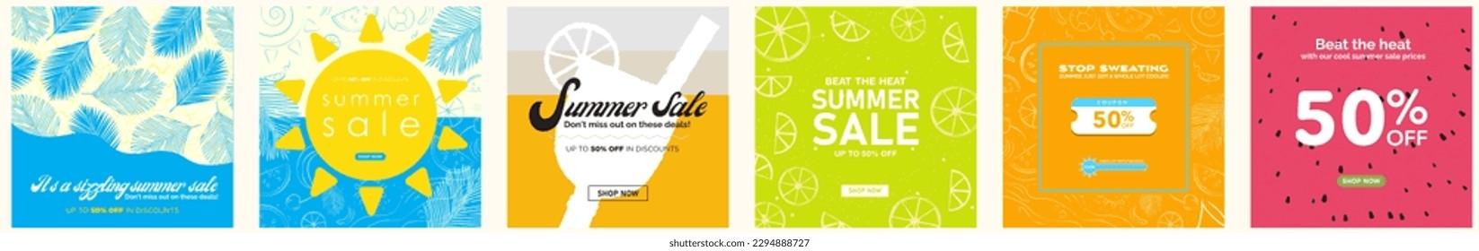 Set of Colorful Summer Sale Card Posters. Tropical and fruit color backgrounds. Hand drawn summer elements, cocktails, fruits, palm leaves. Voucher coupon template. Summer discount template. Vector.