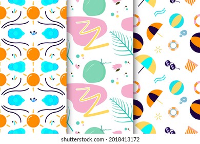Set of colorful summer seamless patterns with tropical beach elements such as sun, sunglasses, waves, and vacation symbols. Perfect for textile design, wrapping paper, wallpaper, packaging, and seasonal summer backgrounds.