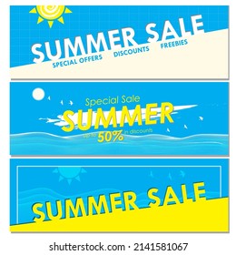 Set of colorful Summer season Sale Banners in vibrant colors, trendy typography and vaporwave designs. Seasonal Sales. Vector Illustration. EPS 10 File