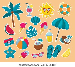 Un conjunto de calcomanías coloridas de verano con elementos de playa. Pegatinas vectoriales para el diario. Ilustraciones tropicales