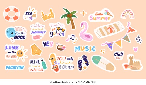 Set of colorful summer stickers. Big set of Summer labels, logos, hand drawn tags and elements for summer holiday, travel, beach vacation, sun. 