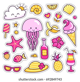 Set of colorful summer stickers, patches, badges, pins. Cute jellyfish, pineapple, cocktail, tropical flowers, sun, happy cloud, fish, ice cream, banana, sunglasses. Vector isolated illustration.