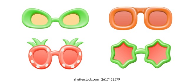 Set of colorful summer sunglasses with strawberry shape, star shape, oval shape and square shape. 3D illustration. Beach accessory and tropical vacation concept.